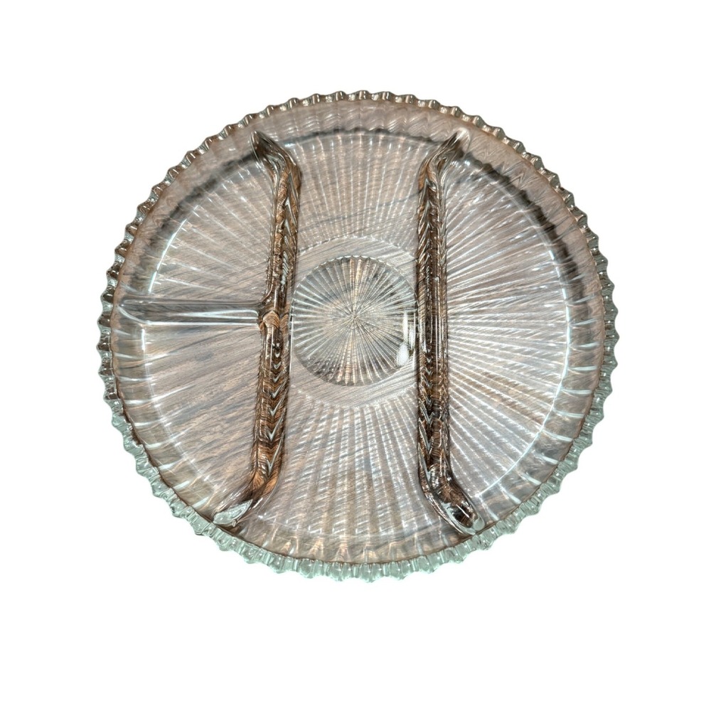 Vintage Clear Indiana Glass Sunburst Clear Glass Divided Relish Dish 4 Section